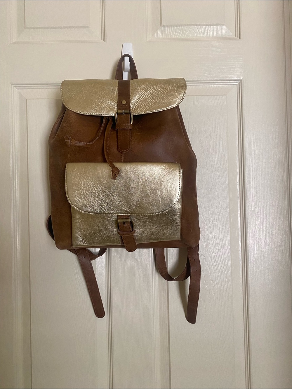 Jane and Marie Brown Leather Backpack with Metallic Gold Accents